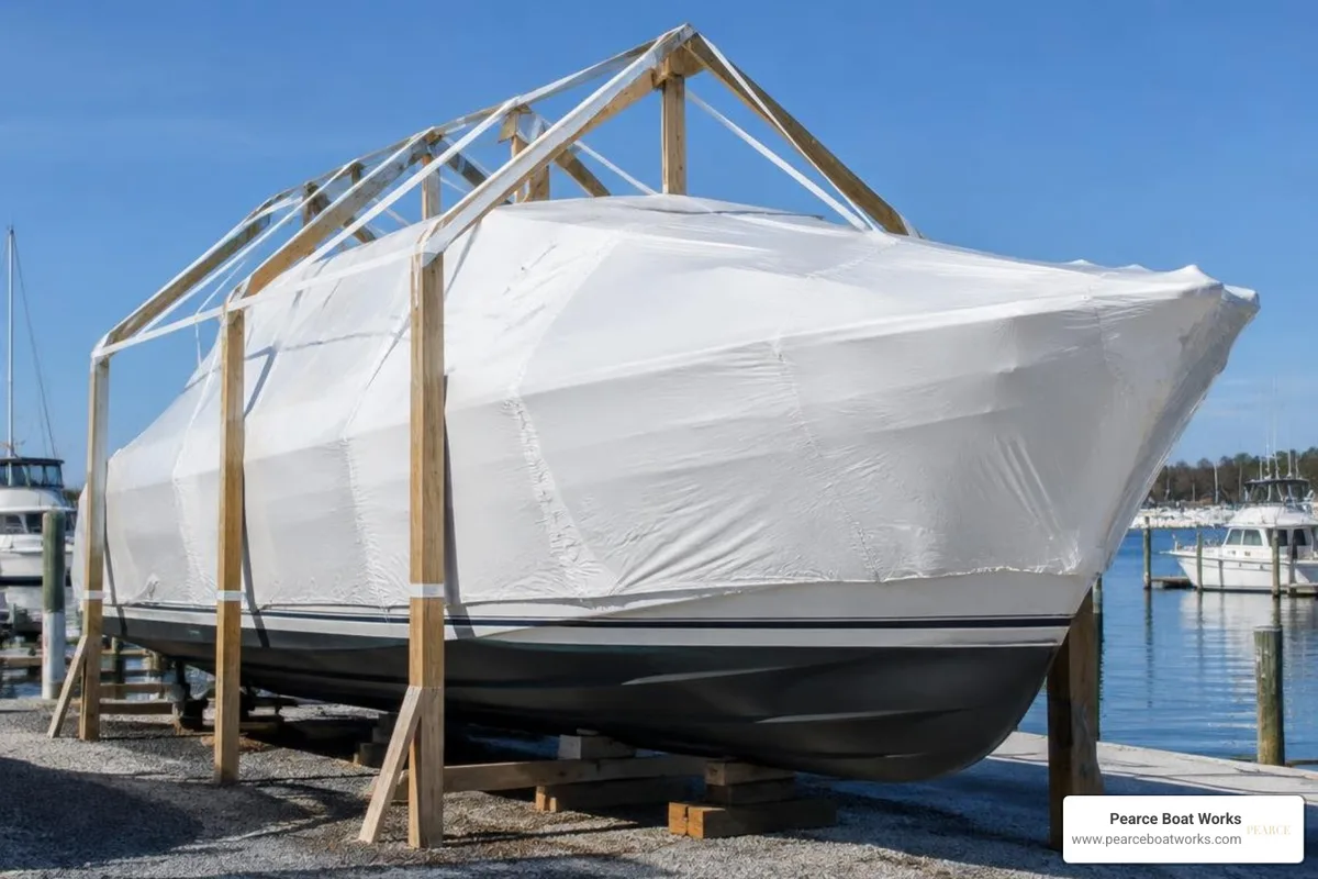 Wooden support post structure with woven strapping on a boat