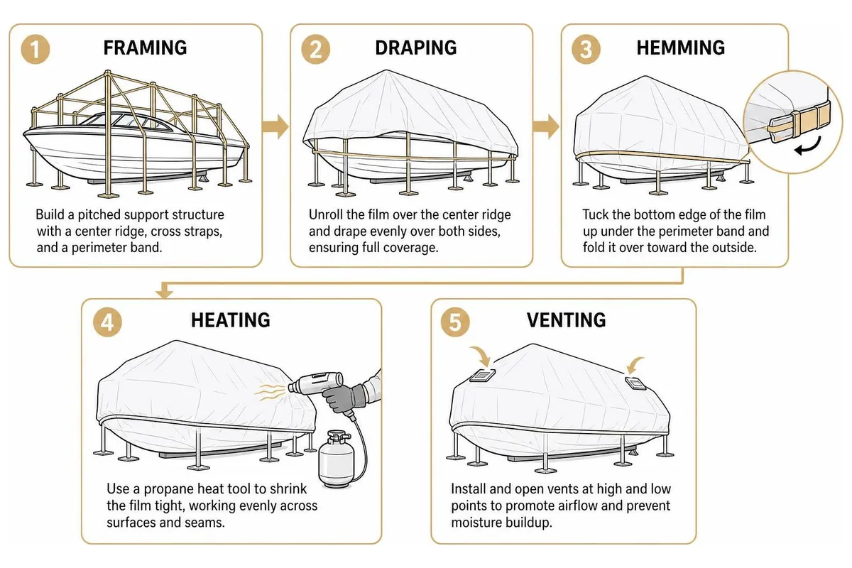 Boat shrink wrap installation sequence: framing, draping, hemming, heating, and venting